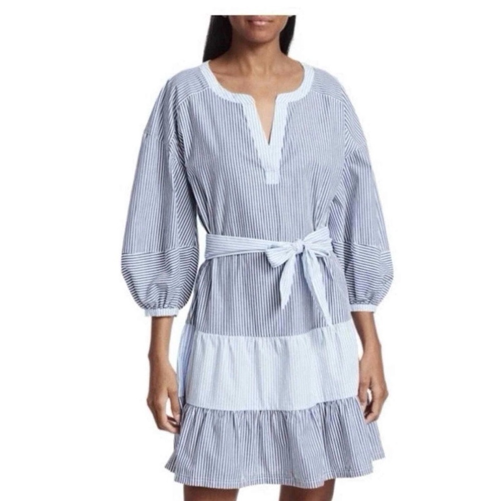 Parker Jenna Blue White Striped Shirt Dress Tie Belt Ruffle Sz M